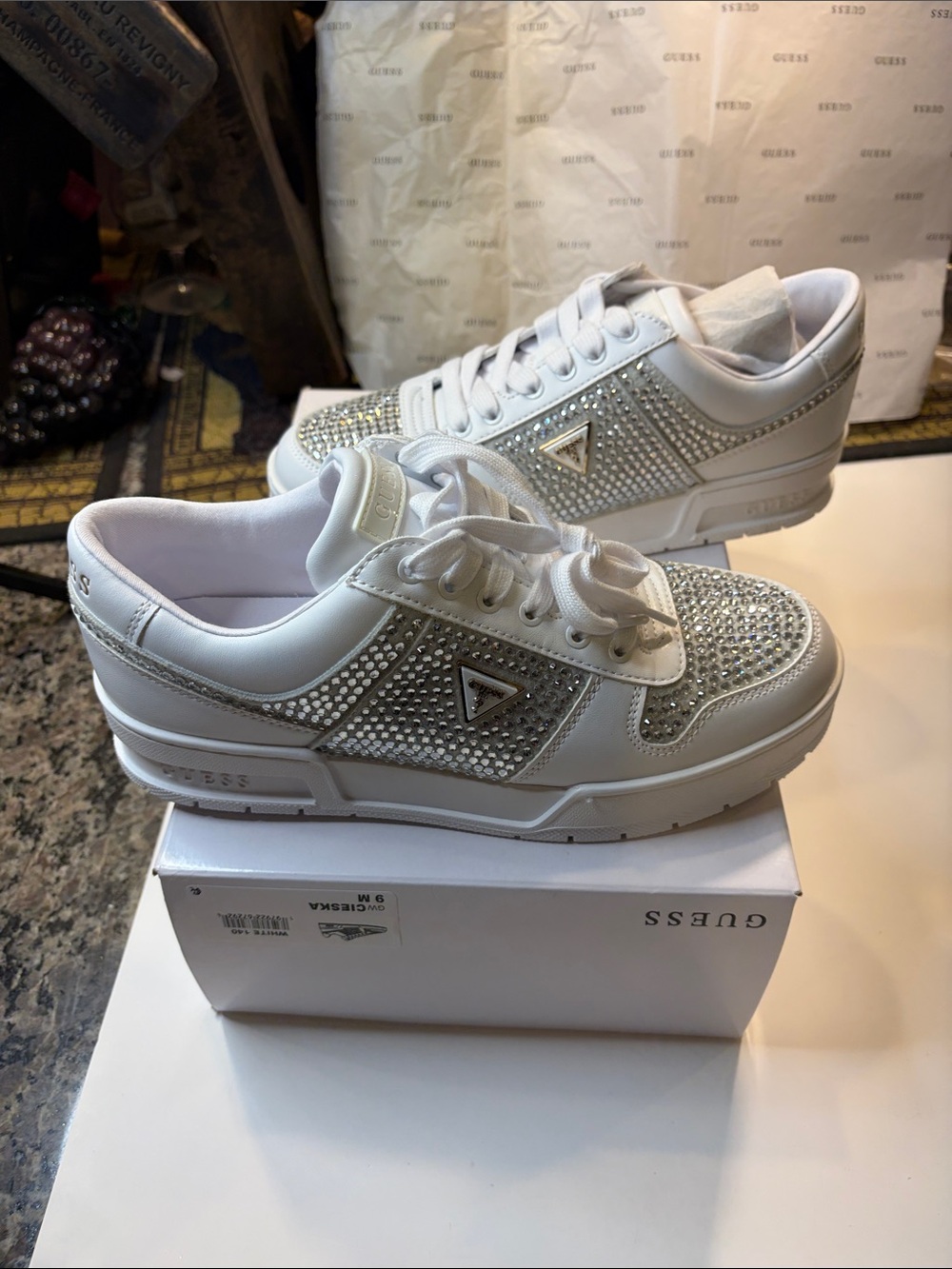 GUESS White Crystal-Studded Platform Lace-Up Sneakers